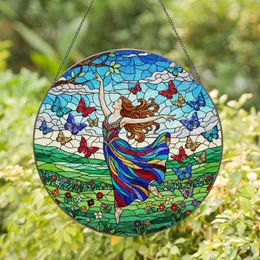 Female Dancer Butterfly Mid-Leap Stained Glass Jewel Tone Mosaic Landscape Intricate Stained Glass Suncatcher