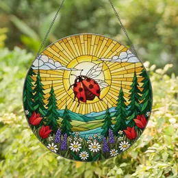 Ladybug Stained Glass Wildflowers Evergreen Trees Sun Rays Tiffany Window Decor Gift Stained Glass Suncatcher