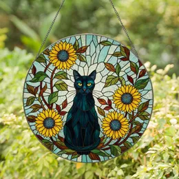 Black Cat Sunflower Tiffany Style Stained Glass Art - Glowing Home Decor Stained Glass Suncatcher