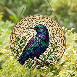 Stained Glass Iridescent Starling Bird Art Orange Eye Green Leaves Tiffany Mosaic Stained Glass Suncatcher