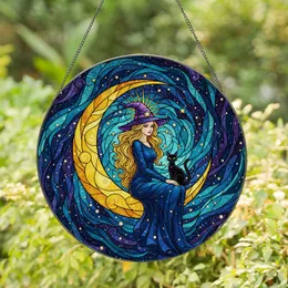 Witch Crescent Moon Black Cat Galaxy Stained Glass Art - Celestial Gift for Witch Fans Stained Glass Suncatcher