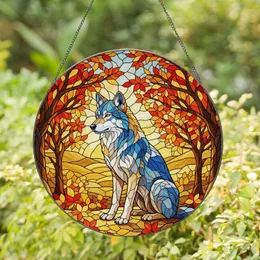 Majestic Wolf Stained Glass Autumn Forest Landscape - Glowing Tiffany Style Jewel Tones Stained Glass Suncatcher
