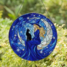 Elegant Witch Blonde Hair Black Cat Crescent Moon Celestial Night Sky Tiffany Stained Glass Stained Glass Suncatcher