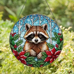 Baby Raccoon Snowy Winter Forest Stained Glass - Intricate Tiffany Style Christmas Holiday Gift Stained Glass Suncatcher