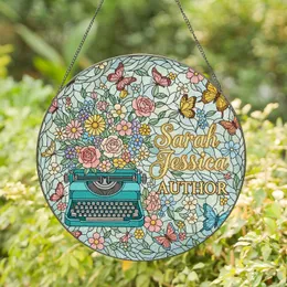 Vintage Teal Typewriter Flowers Butterflies Sarah Jessica Author Tiffany Stained Glass Botanical Stained Glass Suncatcher