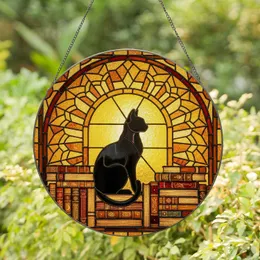 Black Cat Bookshelf Stained Glass Tiffany Art - Jewel Tones Arched Window Books Stained Glass Suncatcher