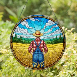 Stained Glass Farmer Wheat Field Hills Sky Clouds - Tiffany Art Rural Farm Home Decor Gift Stained Glass Suncatcher