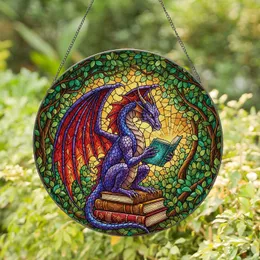 Majestic Dragon Reading Antique Books Stained Glass - Colorful Forest Foliage Tiffany Style Stained Glass Suncatcher