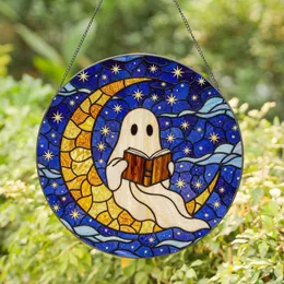 Ghost Reading Book Crescent Moon Night Sky Stained Glass Glowing Translucent Jewel Tones Stained Glass Suncatcher