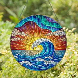 Tiffany Glass Ocean Wave Sunset Aurora Borealis - Glowing Jewel Tone Sea Sky Art Decor Stained Glass Suncatcher