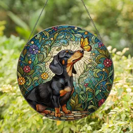Black Tan Dachshund Dog Stained Glass Garden Yellow Orange Butterfly Tiffany Art Stained Glass Suncatcher