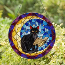 Black Cat Reading Book Crescent Moon Stained Glass - Cosmic Sky Tiffany Art Stained Glass Suncatcher