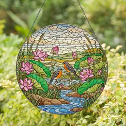 Tiffany Stained Glass Birds Lotus Flowers - Pond & Aquatic Nature Scene Decor Gift Stained Glass Suncatcher