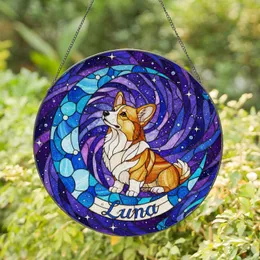 Corgi Dog Stained Glass Crescent Moon Cosmic Sky Art - Luna Name Glowing Jewel Tones Stained Glass Suncatcher