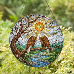 Majestic Bald Eagles Stained Glass Tiffany Art Cherry Blossom River Sky Jewel Tones Mosaic Stained Glass Suncatcher