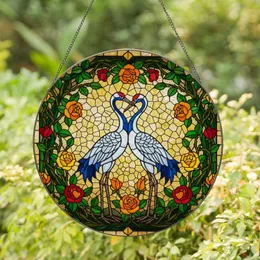 Embracing Cranes Stained Glass Roses Foliage - Tiffany Style Jewel Tone Mosaic Gift Stained Glass Suncatcher
