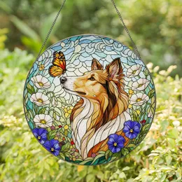 Stained Glass Rough Collie with Monarch Butterfly, Poppies & Pansies - Dog Lover Gift Stained Glass Suncatcher