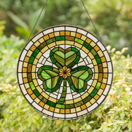 Tiffany Stained Glass Shamrock Clover Mosaic Art - Emerald Green & Gold Decor Stained Glass Suncatcher
