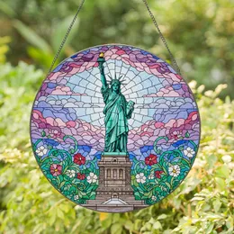 Statue of Liberty Stained Glass, Lush Flowers, Swirling Cloud Sky, Tiffany Jewel Tones Stained Glass Suncatcher