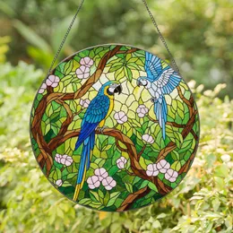 Vibrant Blue Gold Macaw Parrot Tropical Flowers - Tiffany Style Stained Glass Jungle Art Stained Glass Suncatcher