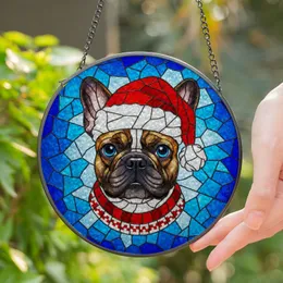 French Bulldog Santa Hat Christmas Mosaic - Holiday Gift for Frenchie Dog Lovers Stained Glass Suncatcher