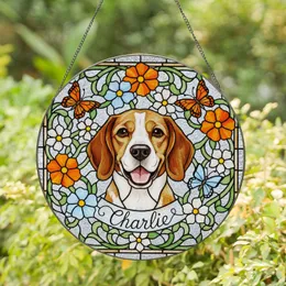 Beagle Dog 'Charlie' Stained Glass Mosaic Art Orange Blue Blossoms Butterflies Pet Gift Stained Glass Suncatcher