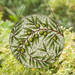 Prominent Olive Branch Stained Glass Mosaic - Tiffany Style Green Olives Leaves Window Decor Stained Glass Suncatcher
