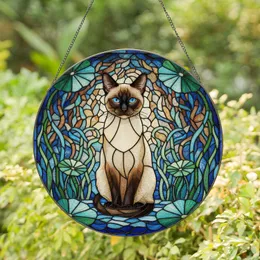 Siamese Cat Stained Glass, Aquatic Foliage, Tiffany Style Mosaic Art - Cat Lover Gift Stained Glass Suncatcher
