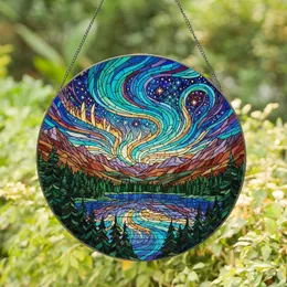 Mountain Lake Aurora Borealis Celestial Night Sky Pine Forest Peaks Glowing Art Stained Glass Suncatcher