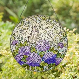 Tiffany Glass Butterfly & Lilac Hydrangea Flowers - Translucent Botanical Mosaic Art Stained Glass Suncatcher
