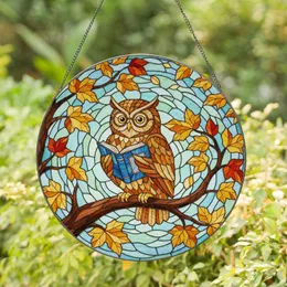Wise Owl Reading Blue Book with Glasses - Tiffany Stained Glass Autumn Leaves Gift Stained Glass Suncatcher