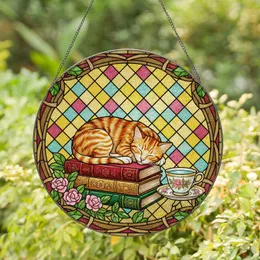 Fluffy Striped Tabby Cat Sleeping on Books Floral Teacup Tiffany Stained Glass Art Panel Stained Glass Suncatcher