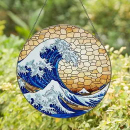 Hokusai Great Wave Mount Fuji Japanese Fishing Boats Sunrise Tiffany Art Decor Stained Glass Suncatcher