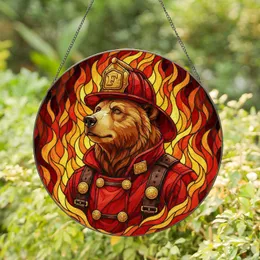 Intricate Tiffany Style Glass Brown Bear Firefighter Art with Roaring Flames Stained Glass Suncatcher