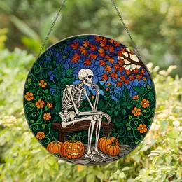 Skeletal Figure Pumpkin Jack-O-Lantern Autumn Vines Stained Glass Halloween Decor Stained Glass Suncatcher