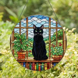 Black Cat Stained Glass Window Scene - Bookshelf Houseplant Home Decor Gift for Cat Lovers Stained Glass Suncatcher