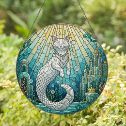 White Mer-cat Underwater Kingdom Stained Glass Mosaic Art - Tiffany Castle Motif Stained Glass Suncatcher