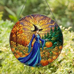 Witch Pumpkin Patch Autumn Sunset Stained Glass - Tiffany Style Halloween Fall Decor Gift Stained Glass Suncatcher
