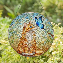 Orange Tabby Cat Sniffing Blue Butterfly Tiffany Style Stained Glass Window Art Decor Stained Glass Suncatcher