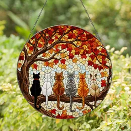 Stained Glass Six Cats Autumn Tree Branch Jewel Tones Mosaic - Cat Lover Home Decor Gift Stained Glass Suncatcher