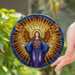 Angel Stained Glass Mosaic - Tiffany Style Sunburst Halo, Blue Purple Robes, Golden Cross Stained Glass Suncatcher