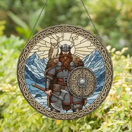 Viking Warrior Horned Helmet Axe Shield Owl Norse Knotwork Nordic Mountains Tiffany Art Stained Glass Suncatcher