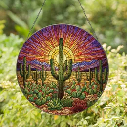 Saguaro Cactus Desert Sunset Prickly Pear Tiffany Style Jewel Tone Intricate Patterns Stained Glass Suncatcher