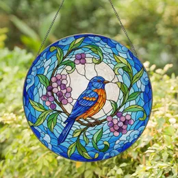 Jewel Tone Blue Orange Songbird & Opalescent Full Moon - Intricate Tiffany Stained Glass Art Stained Glass Suncatcher