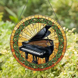Black Grand Piano Stained Glass Tiffany Style with Vines & Mosaic Art - Gift for Musicians Stained Glass Suncatcher
