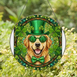 Golden Retriever Dog Green Shamrock Hat St. Patrick's Day Holiday Pet Lover Gift Stained Glass Suncatcher