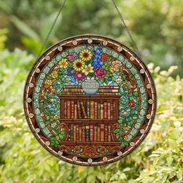 Wooden Bookshelf Antique Books, Vase, Vibrant Flowers, Green Foliage, Tiffany Stained Glass Mosaic Stained Glass Suncatcher