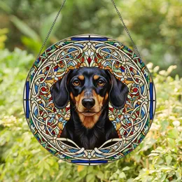 Black Tan Dachshund Dog Stained Glass Art - Tiffany Art Nouveau Curvilinear Scrollwork Stained Glass Suncatcher