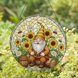 Jovial Garden Gnome Sunflowers Bees Tiffany Stained Glass - Woodland Meadow Decor Stained Glass Suncatcher