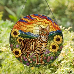 Bengal Cat Golden Sunflowers Mountain Sunset - Wildflower Landscape Cat Lover Home Decor Stained Glass Suncatcher
